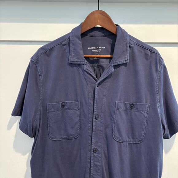 American Eagle Shirt Mens Large Blue Super Soft Standard Fit Button Up Pockets - Picture 3 of 13